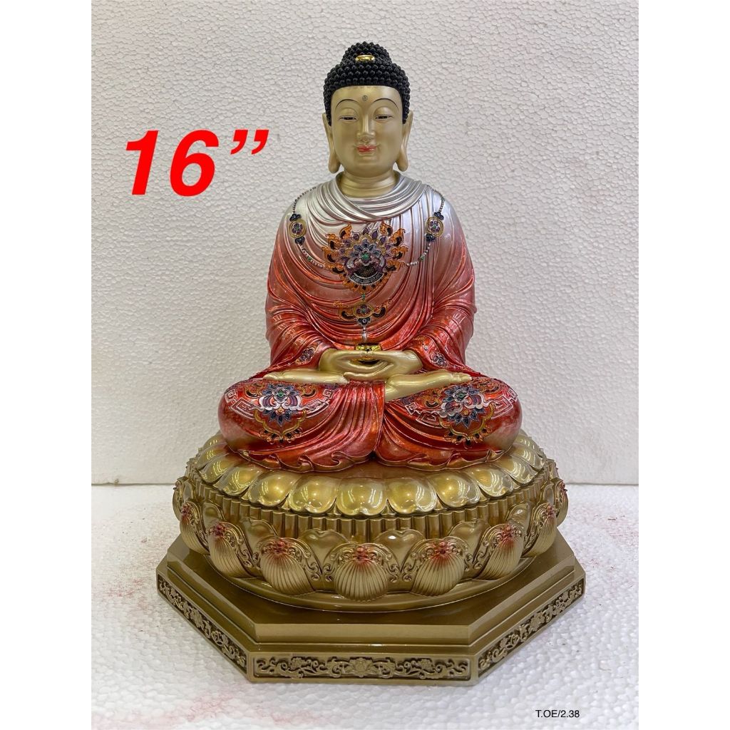patung buddha rupang sakyamuni - fiber - 16 inch - qing - baju merah - l25