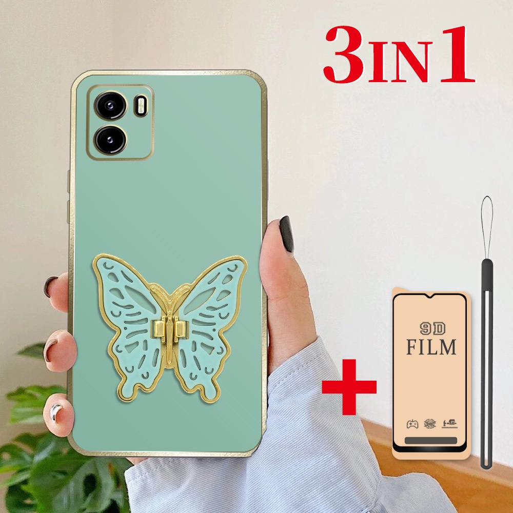 3 dalam 1 Stand Kupu Lipat Casing untuk VIVO Y15s Y01 Case softcase dengan Pelindung Layar Keramik A