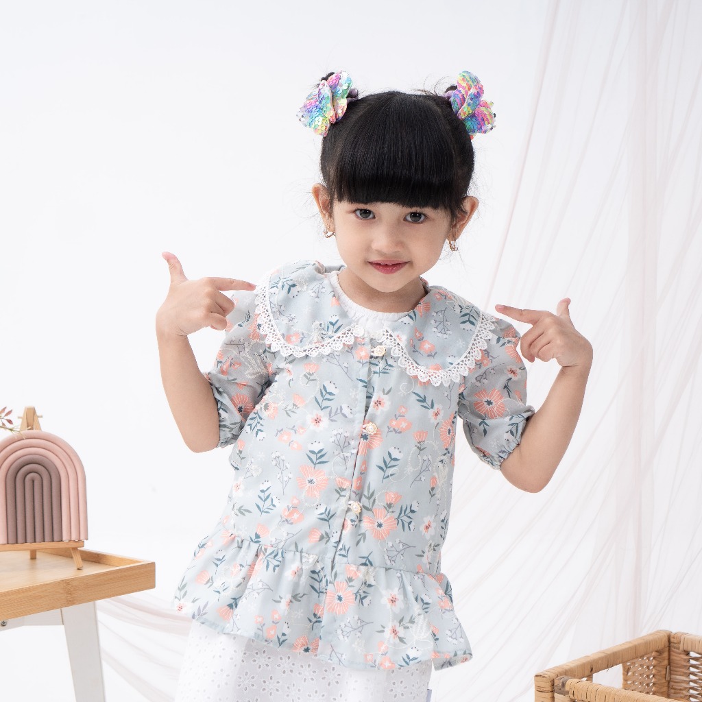 Delova Kids - BLOUSE KAMARI Setelan Atasan Anak Renda Daisy Flower Korea Style Lengan Pendek