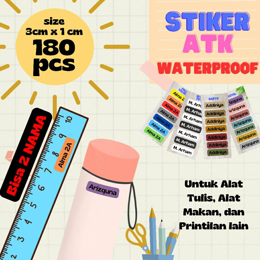 

Stiker ATK / Label Nama ATK Waterproof, Label nama alat tulis kedap air, isi up to 180pcs