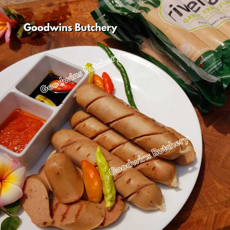 

Sosis hotdog Riverland GARLIC FRANKFURTER frozen sausage 5" 13cm, 5pcs 360gr