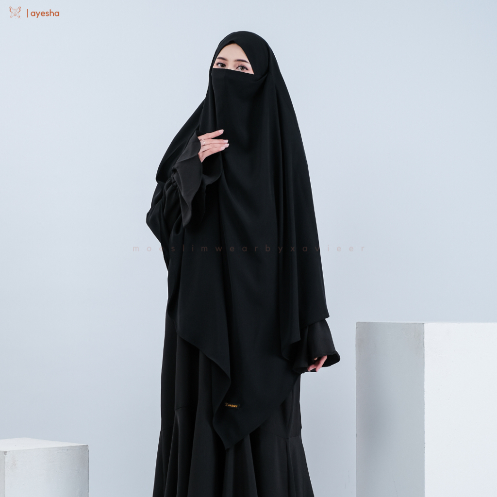 Xavieer - Ayesha French Khimar V Shape Lancip Jetblack Syari Panjang Umrah Haji