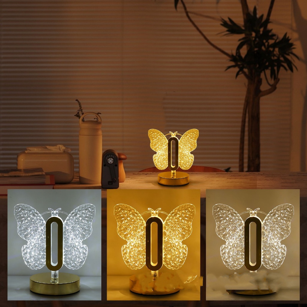 Lampu meja rama-rama Lampu hangat LED Lampu hiasan rumah 3 lampu warna Boleh diletakkan di bilik