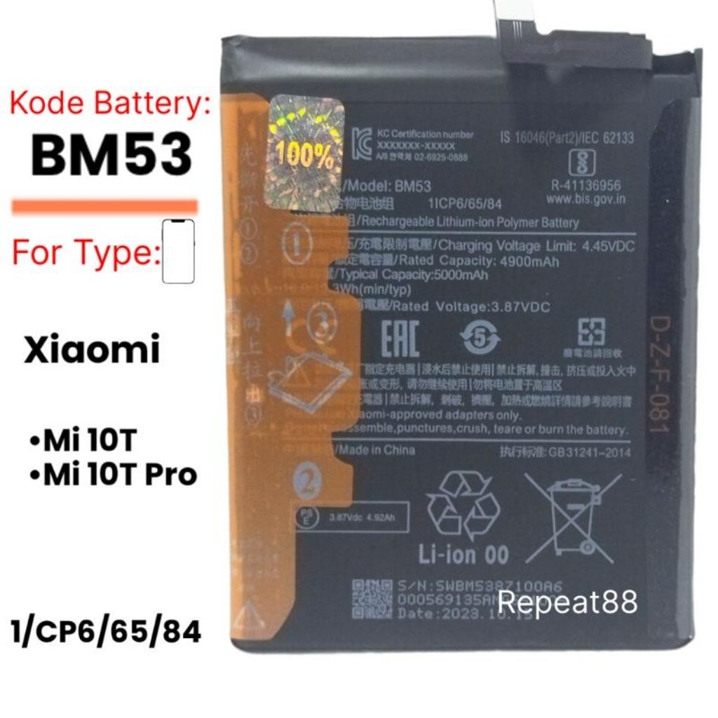 Baterai BM53 Original Batre Mi 10T / Mi 10T Pro Battery Handphone Batrei Hp Batrai BM 53