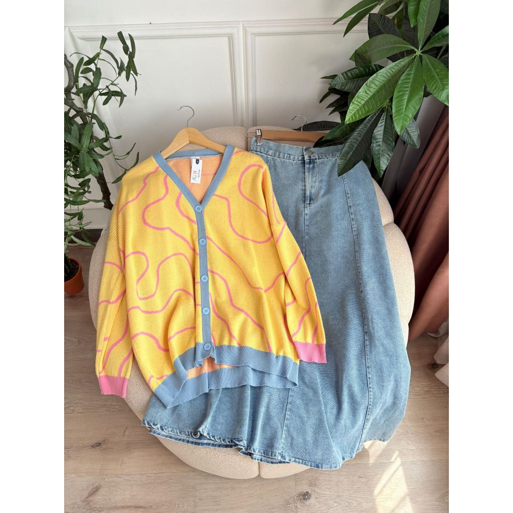 Resma Cardigan 3 Tone Motif Garis Set Skirt BY ALLN Knitwear