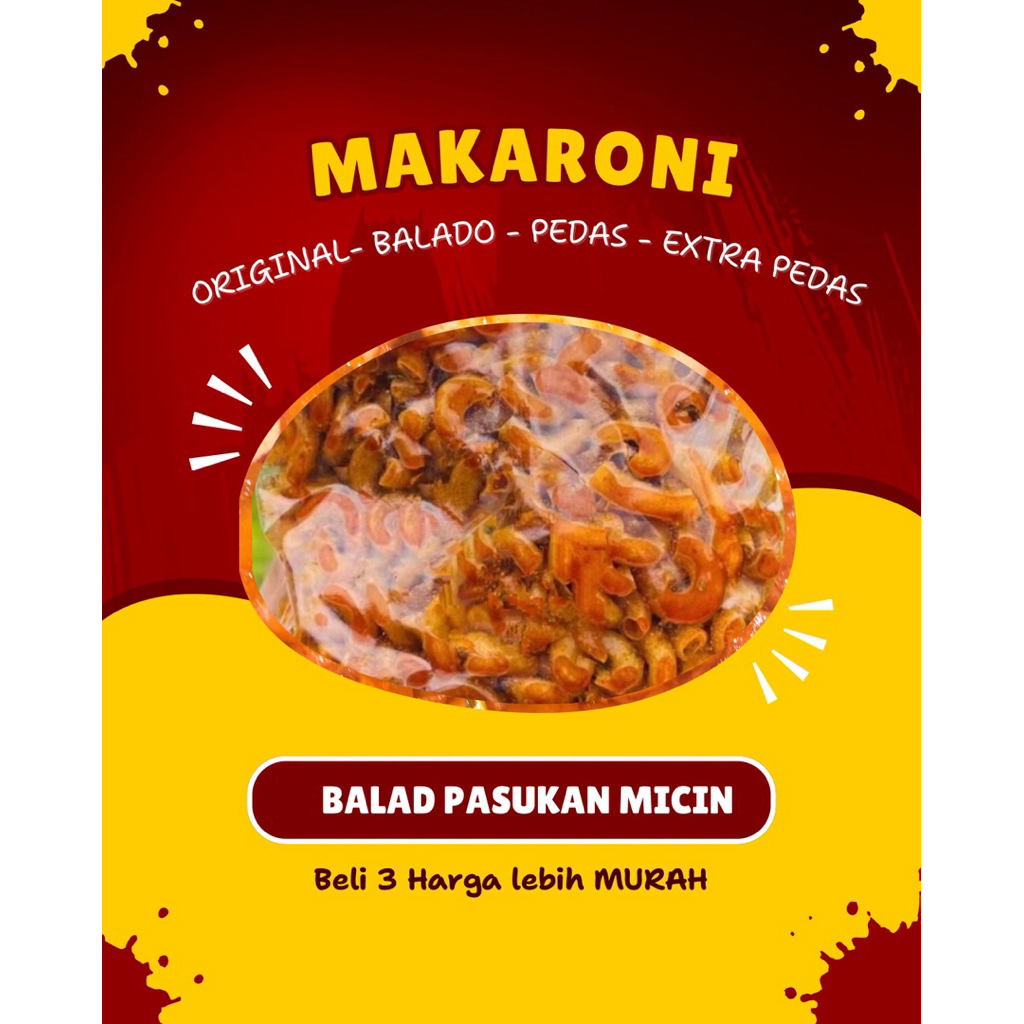 

makaroni cikruh 500 gram dengan varian rasa original, balado, pedas dan extra pedas