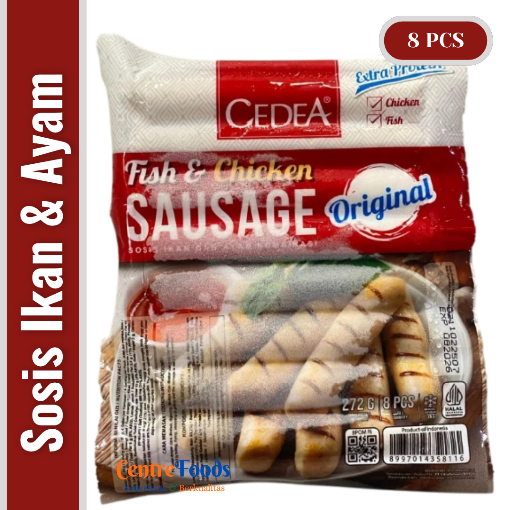 

Sosis Ikan & Ayam Kombinasi Original - Fish & Chicken Sausage CEDEA | Isi 8 Pcs - 272gr [ Harga Per BKS ]