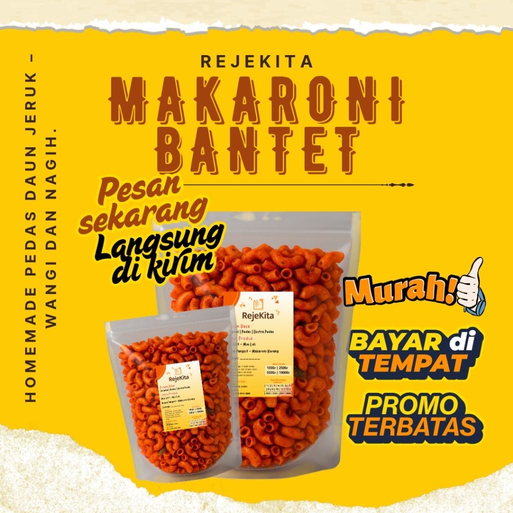 

250gr Makaroni Cikruh Bantet Usus Pipa Pedas Daun Jeruk RejeKita – Original, Pedas, Ekstra Pedas