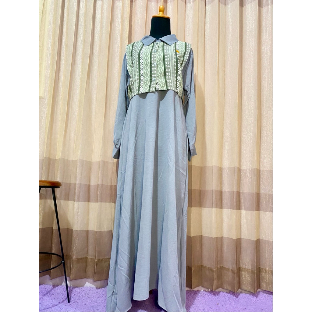 maxi dress polos vest motif etnik, gamis rompi