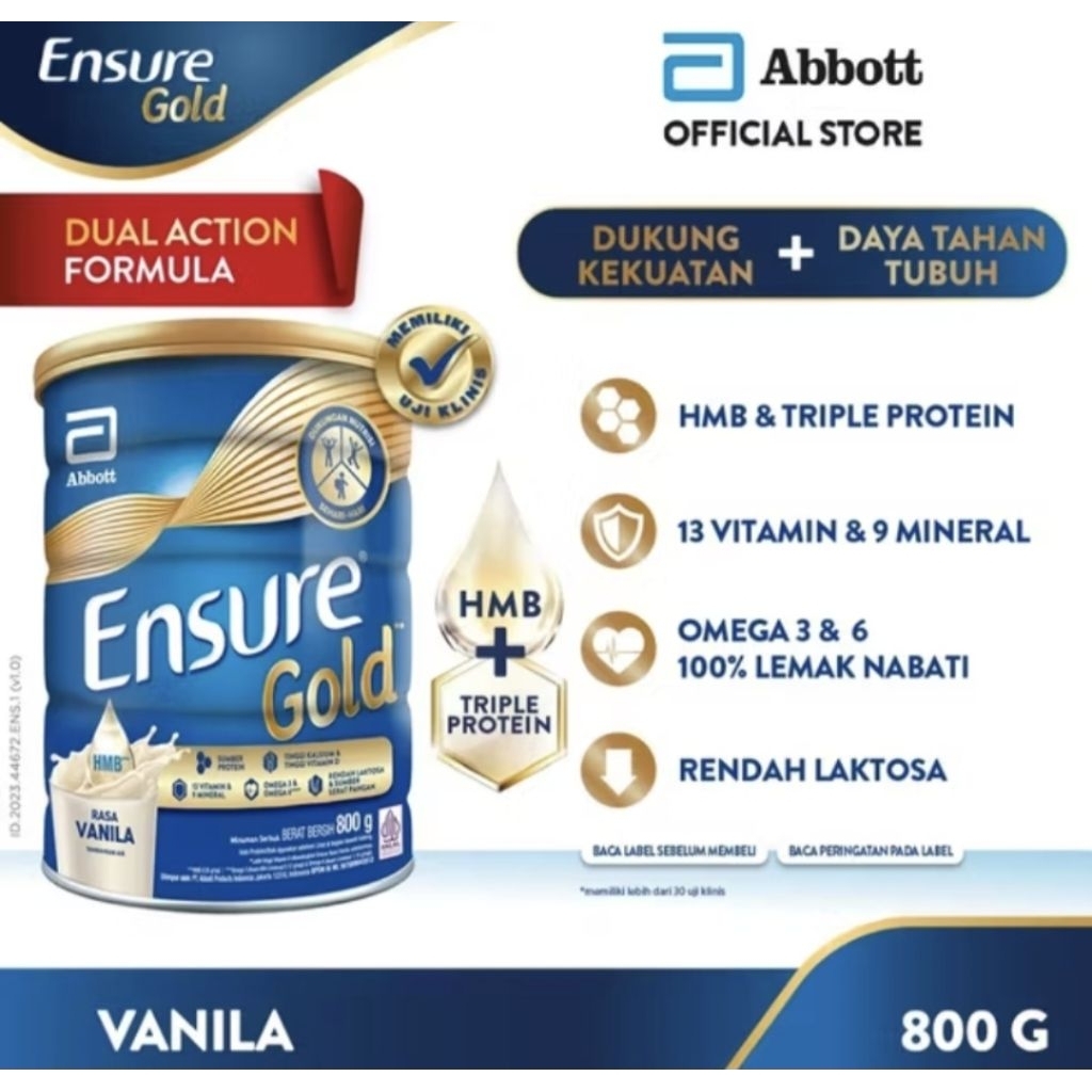 

ENSURE GOLD HMB VANILA/COKELAT 800GR - NUTRISI DEWASA RENDAH LAKTOSA
