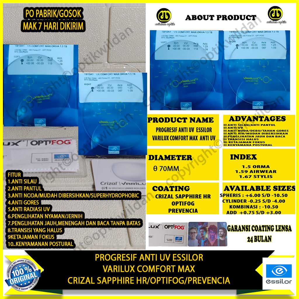 ESSILOR VARILUX COMFORT MAX ANTI UV CRIZAL SAPPHIRE HR/OPTIFOG/PREVENCIA