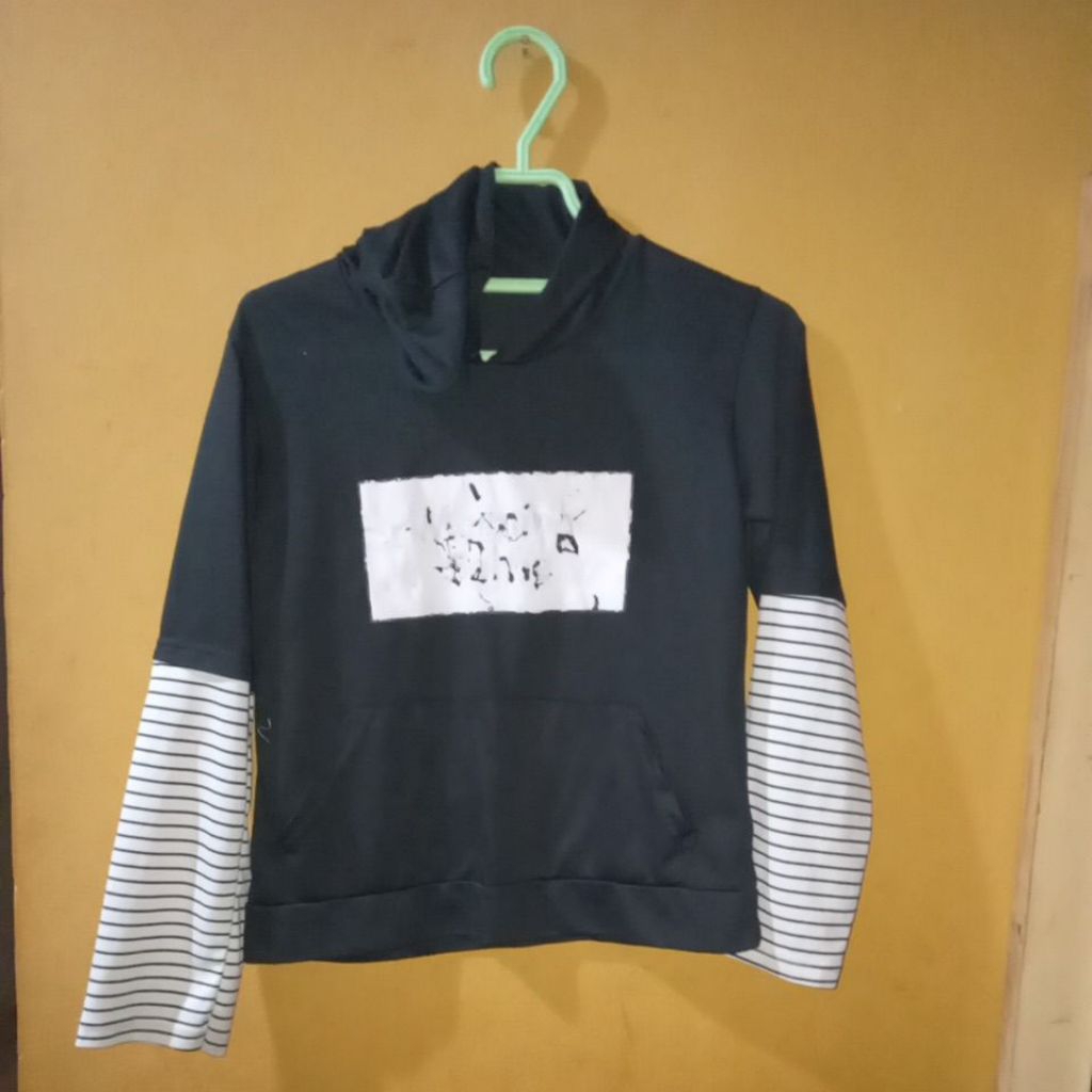 MKL BAJU ANAK HOODIE KAOS HITAM GARIS PUTIH LENGAN PANJANG