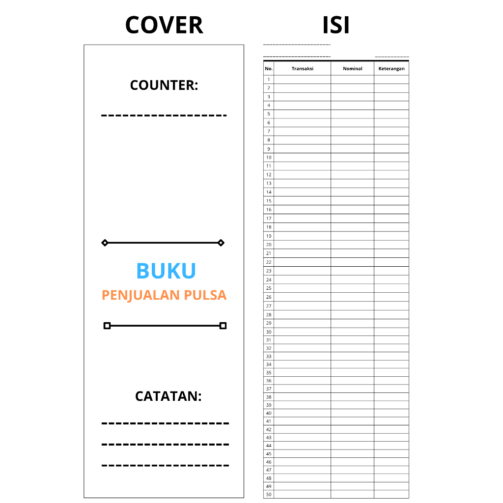 

Buku Penjualan Pulsa Konter – 40 Lembar / 80 Halaman HVS, Rapi dan Siap Catat Transaksi Harian Anda!