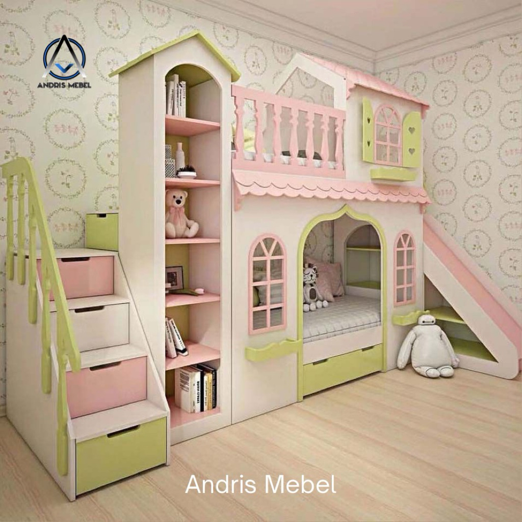 Tempat tidur tingkat rumah perosotan anak, Ranjang anak tingkat playground perosotan 2 susun