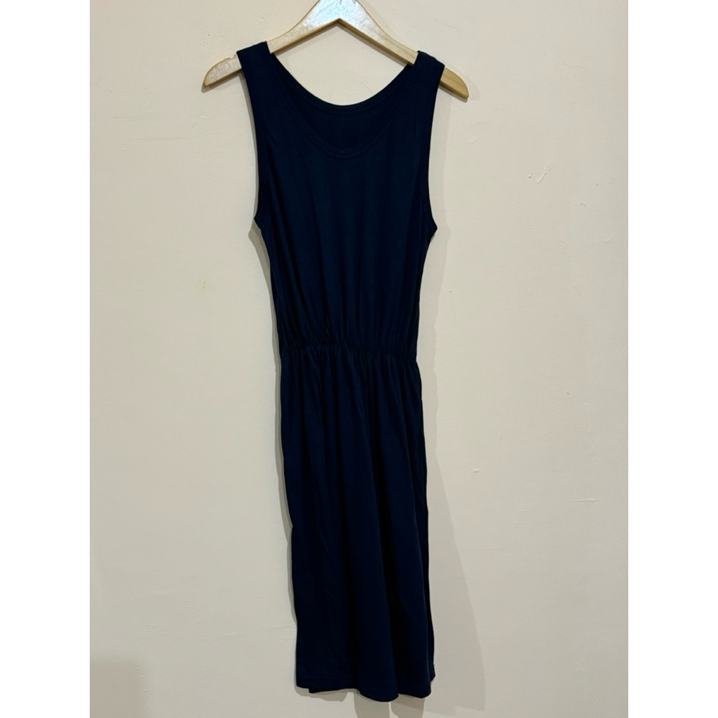 Preloved/Thrift Midi Dress dark navy tanpa lengan Korean Style