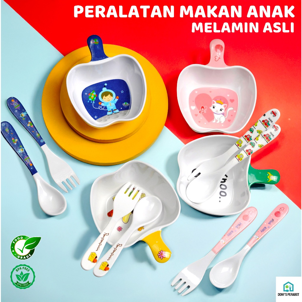 3 in 1 Set Peralatan Makan Anak Bayi Melamin Mangkok Sendok Garpu Karakter Lucu