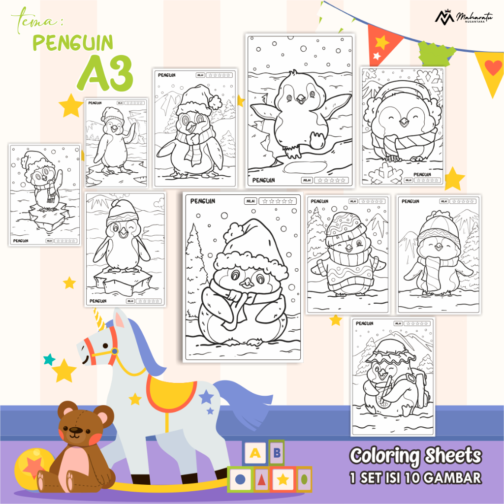 

[PENGUIN] KERTAS MEWARNAI ANAK UKURANN A3 - LEMBAR GAMBAR 1 SET ISI 10 - COLORING SHEETS
