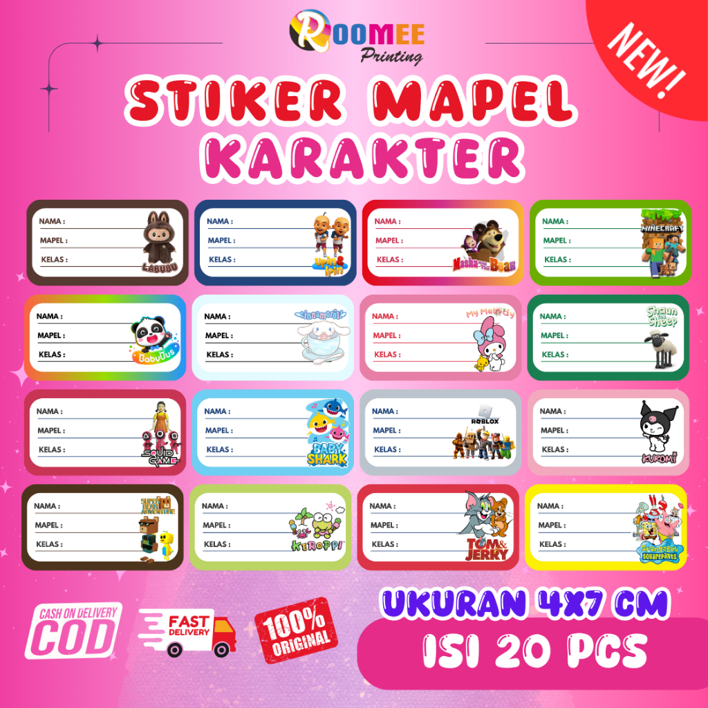 

(20 PCS) STIKER MAPEL MODEL KARAKTER LUCU / STIKER NAMA BUKU / STIKER MATA PELAJARAN / STIKER LABEL NAMA