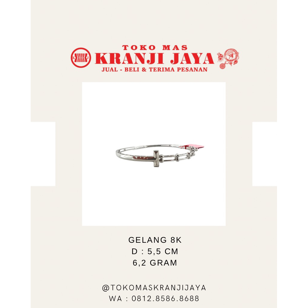 gelang tangan bangle keroncong tifani oval emas putih 8k