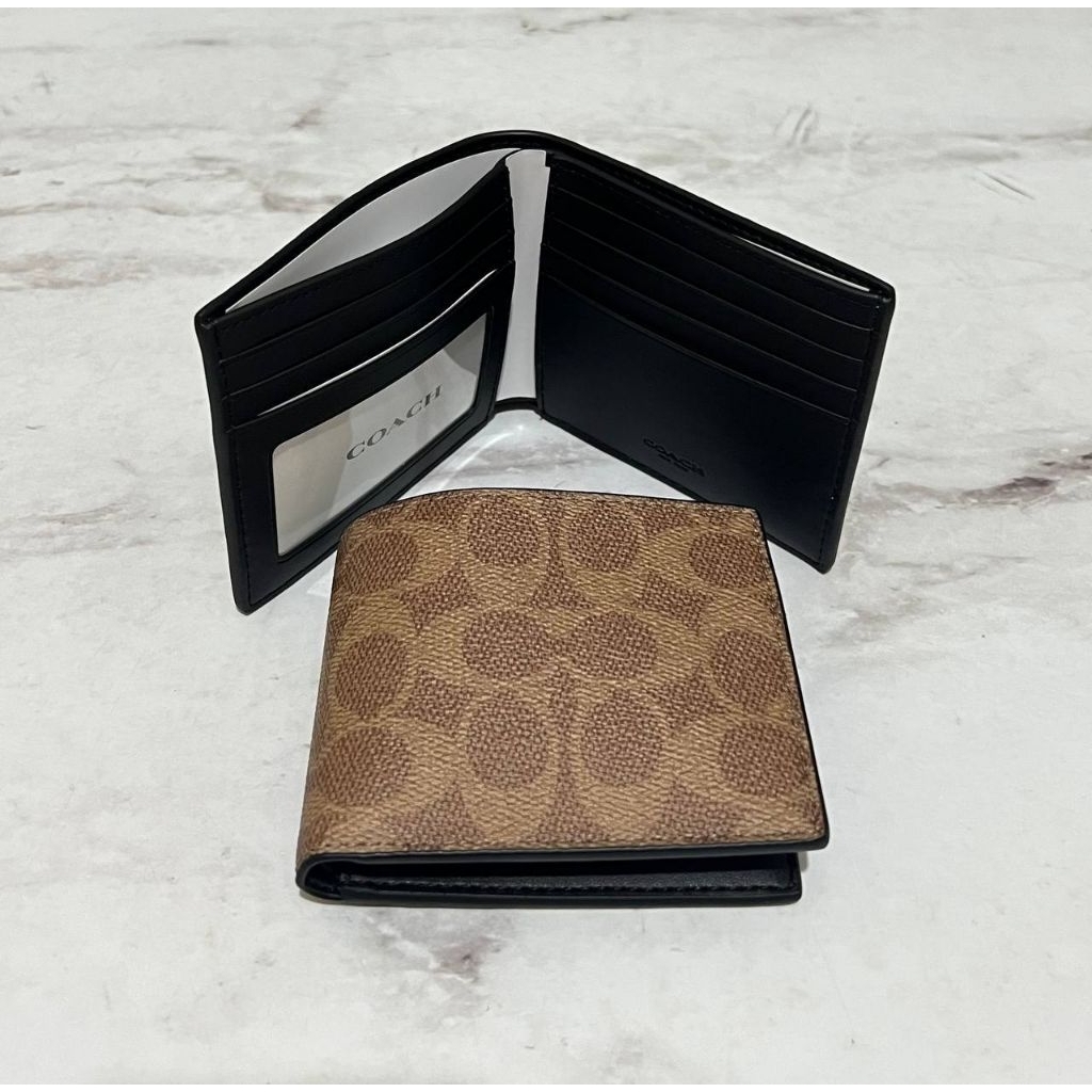 Coach CY394 Wallet ID Bill Signature Tan Black +Box Ori Coach