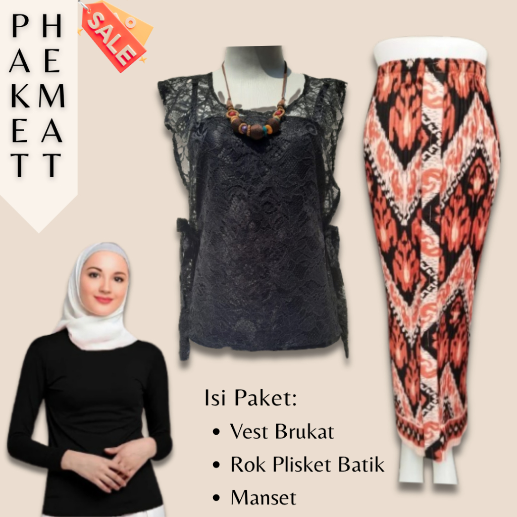 PROMO - One Set Wanita Vest Brokat Tile dan Rok Plisket Premium Set kebaya brukat modern / kebaya wi