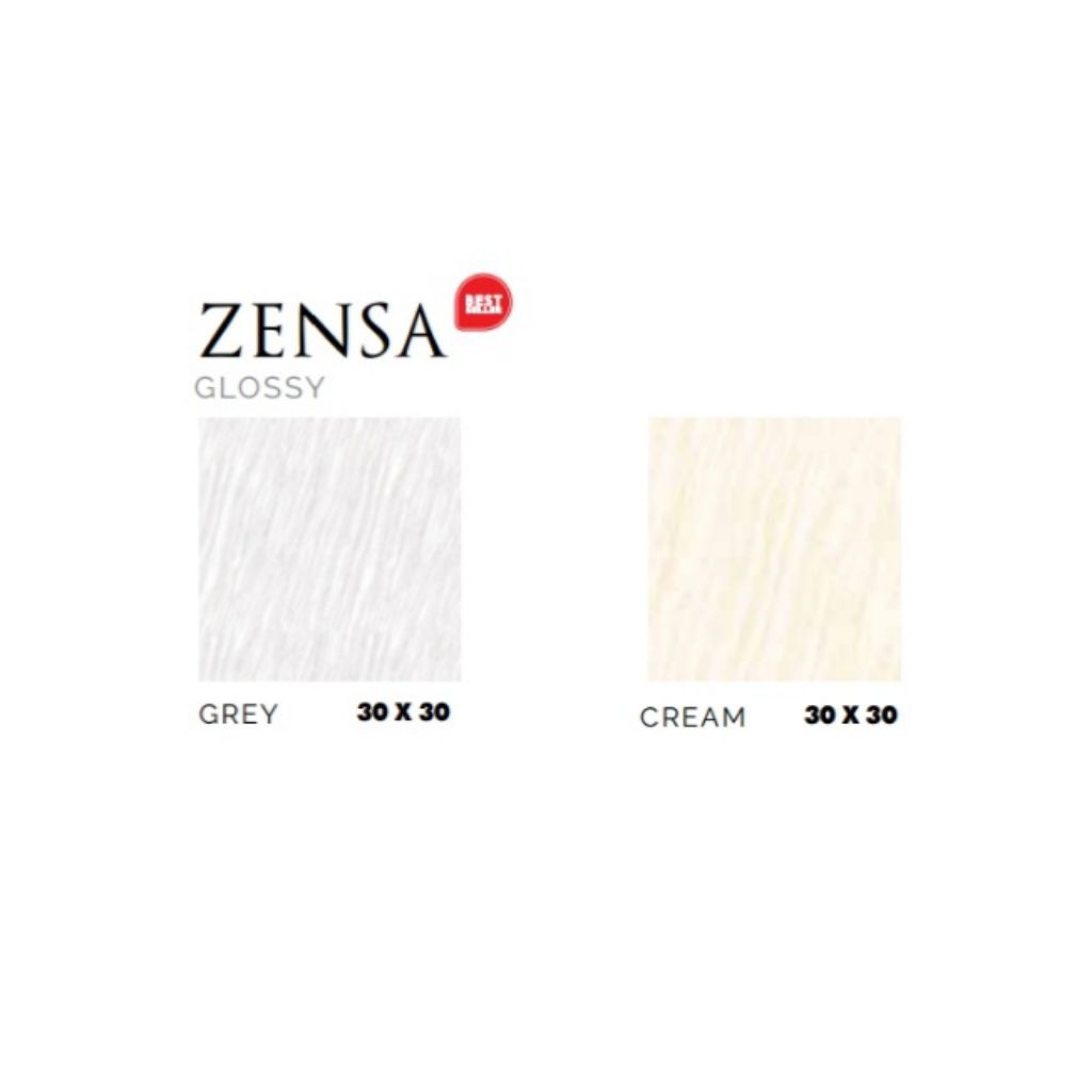 KERAMIK MERK ASIA TILE TIPE ZENSA GREY CREAM UKURAN 30X30 PERMUKAAN TEKSTURE GLOSSY UNTUK LANTAI ATA