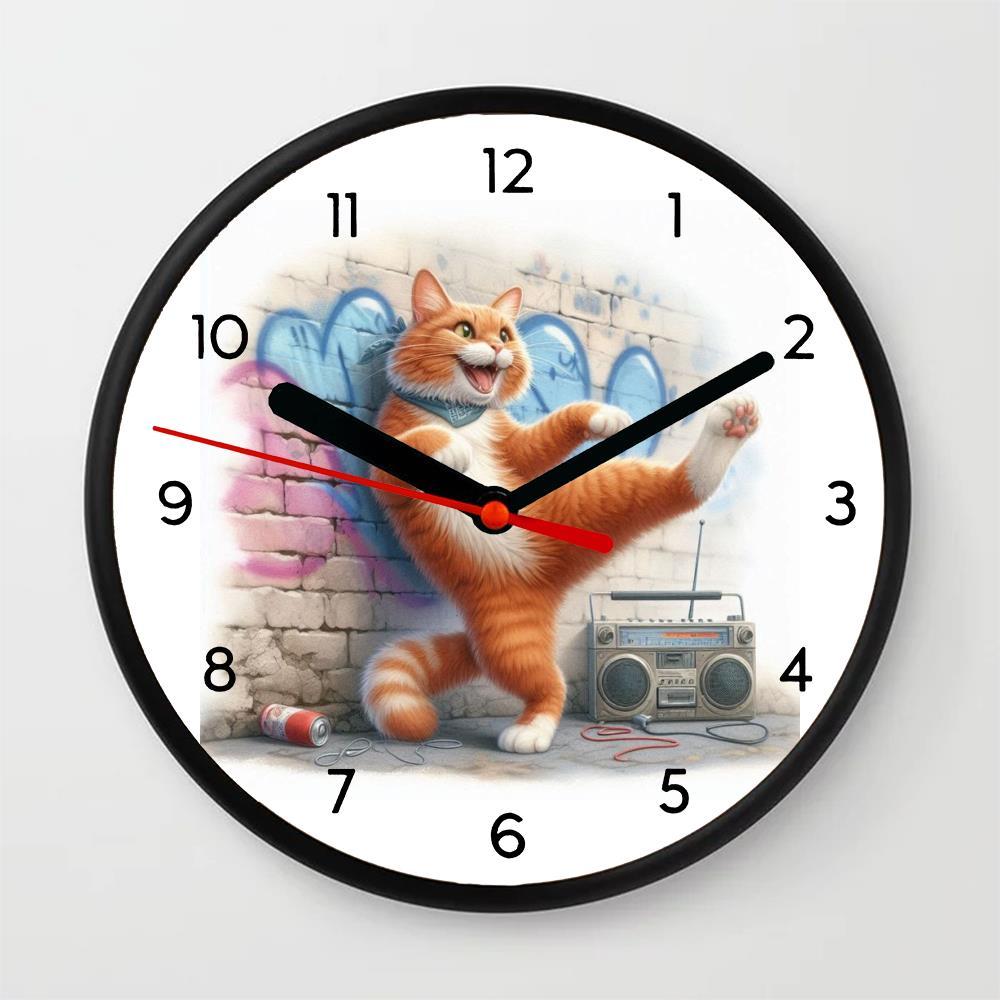 Jam Dinding Kucing Hip-Hop dengan Latar Dinding Grafiti dekorasi dinding Cocok untuk ruang keluarga 