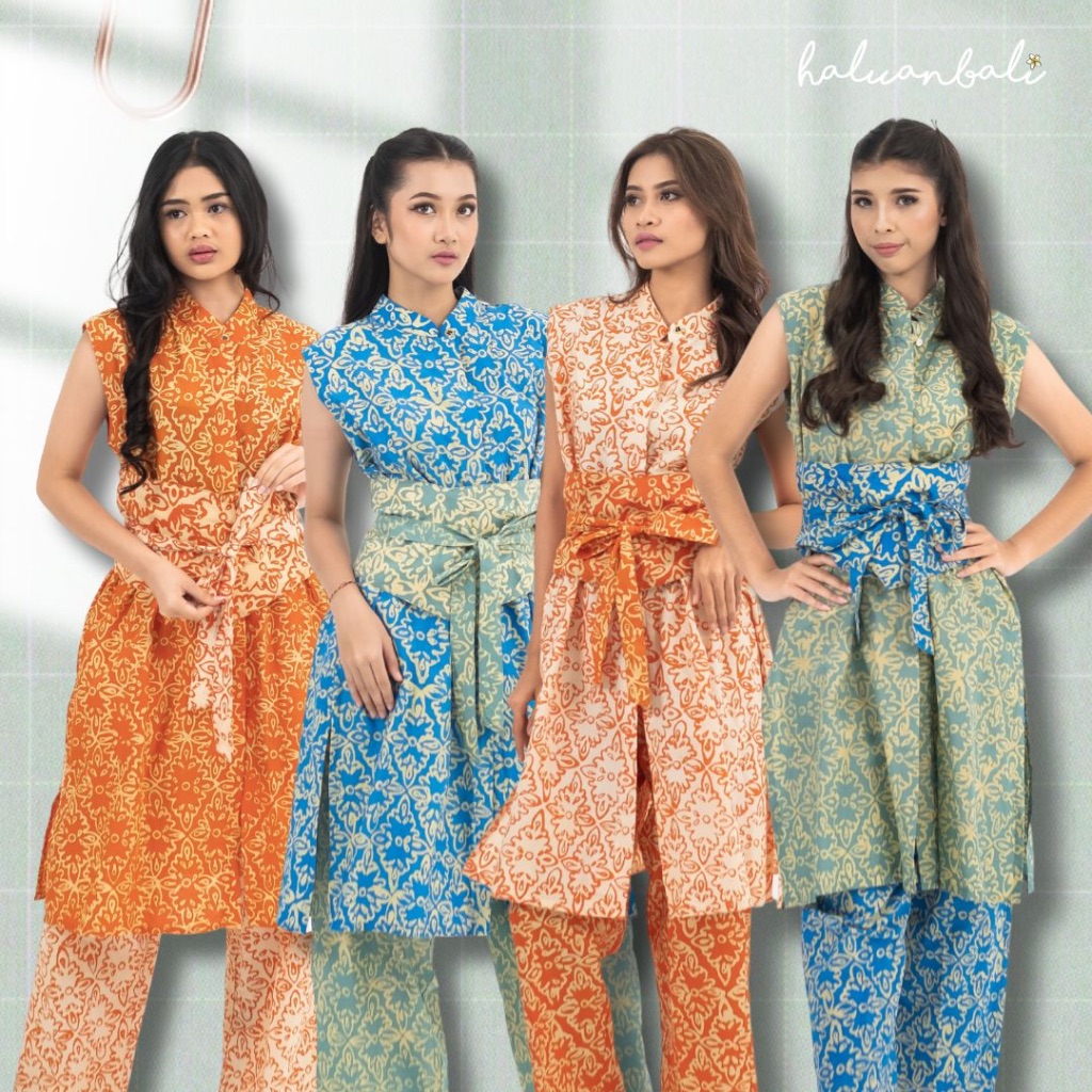 Setelan Wanita Tjap Lakshmi HaluanBali - Tunik Vest & Celana Panjang - Motif Wastra Etnik Cap Formal