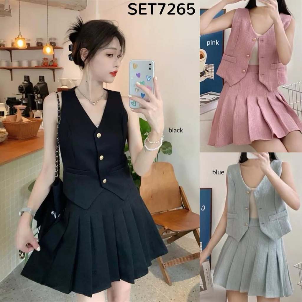 Eonie Tweed Vest w/ Pleated Skort Set