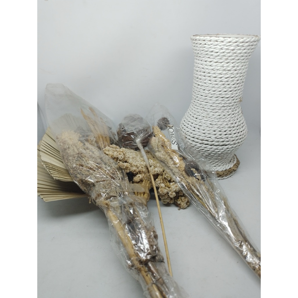 PAKET RUSTIC( INCLUDE POT) VAS bunga kering dekorasi palem pampas rayung kering