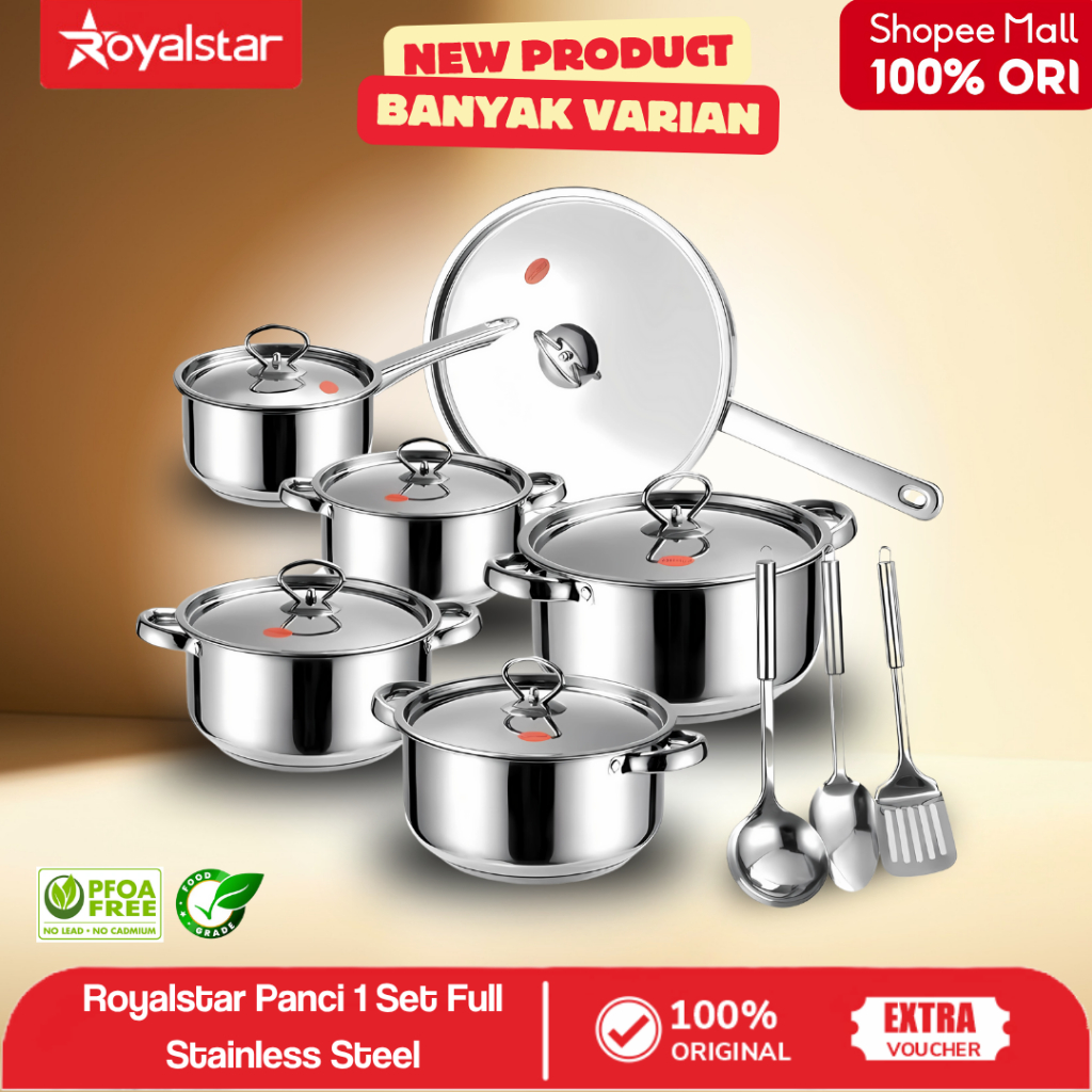 Royalstar Panci Full Stainless Steel Set Anti Karat Tebal | Peralatan Dapur Set Lengkap Serbaguna