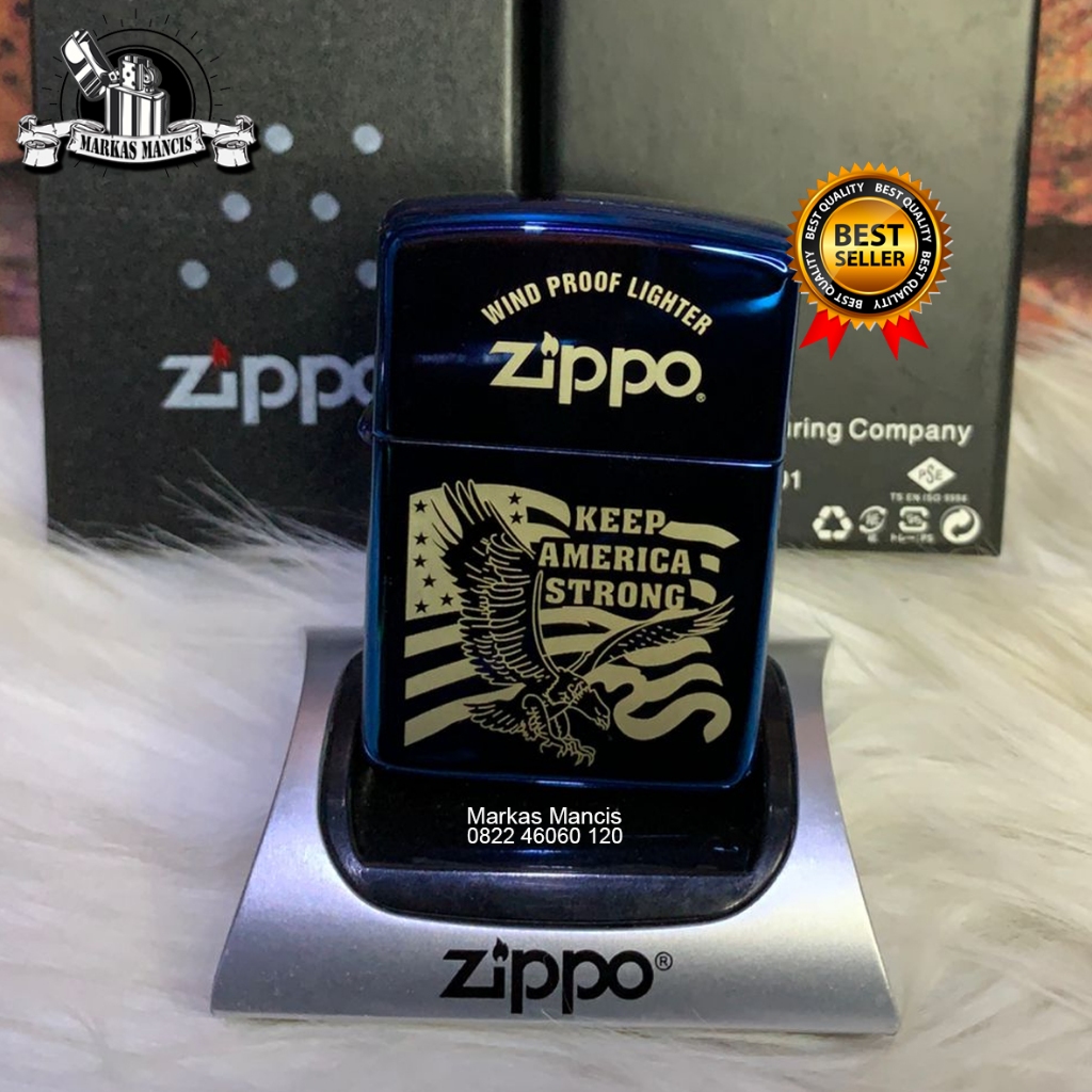 Korek Api Zippo American Strong Biru Glossy Premium Denting Cling
