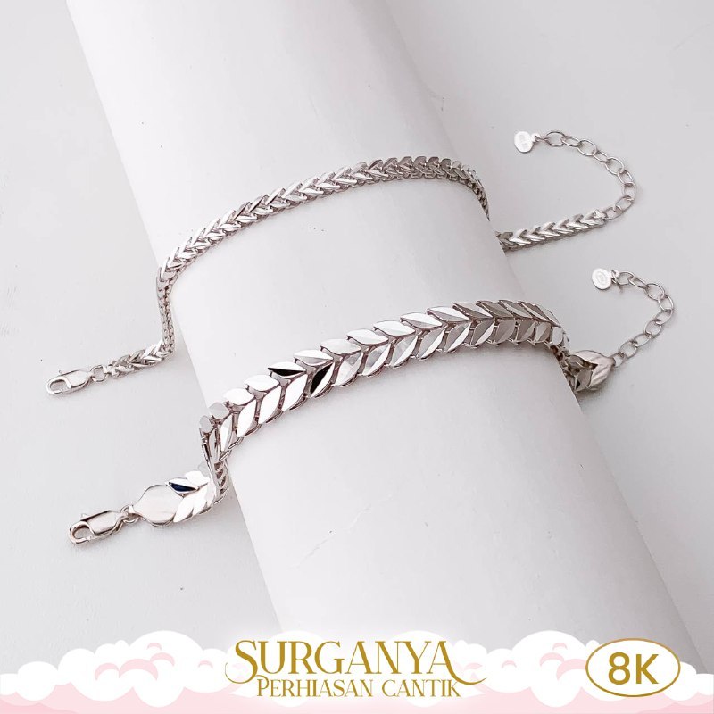 Macan Gold Gelang Daun Emas Putih Kadar 8K - Gelang Putih Model Daun Variasi Extention