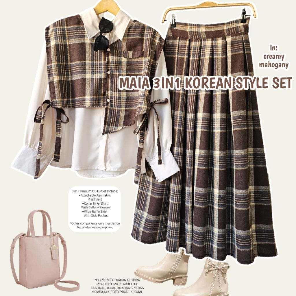 ARDELITA FASHION HIJAB - MAIA MAHOGANY VIBES SET 3IN1 KOREAN STYLE OOTD HIJAB SETELAN ROK WANITA REM