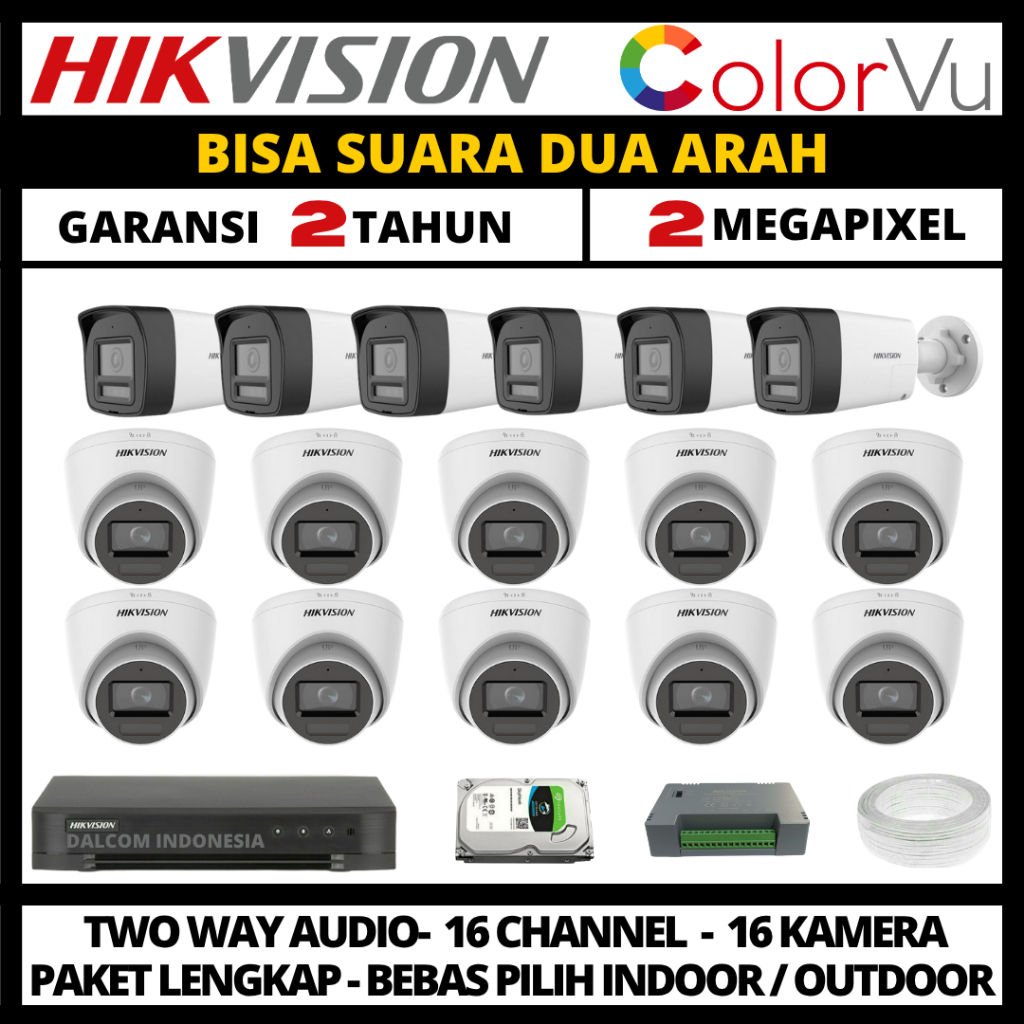 Paket cctv hikvision colorvu 2mp 16 channel 16 kamera two way audio paket cctv lengkap