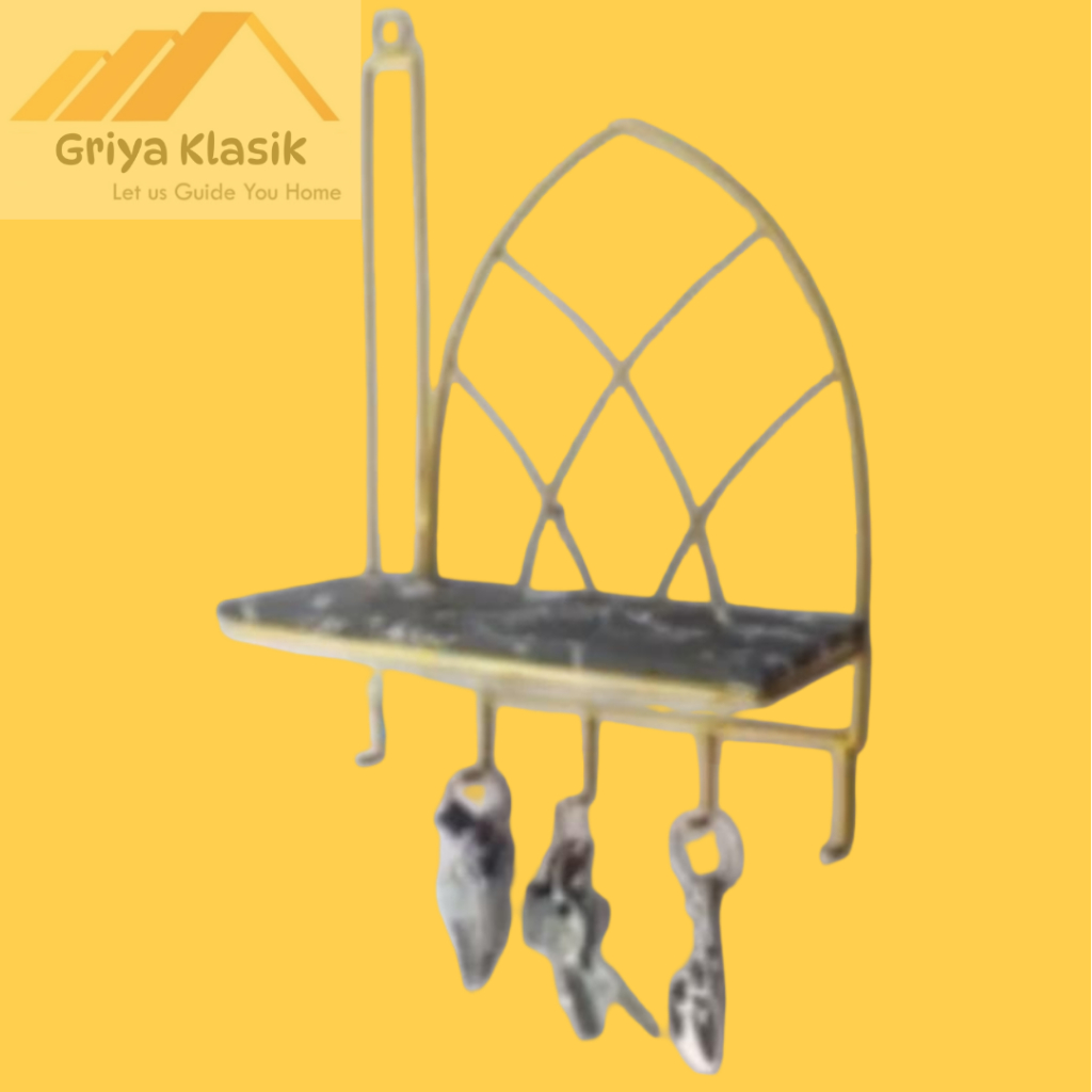 Rak Gantungan Kunci Estetik Kombinasi Besi dan Kayu Dilapisi Stiker Granit