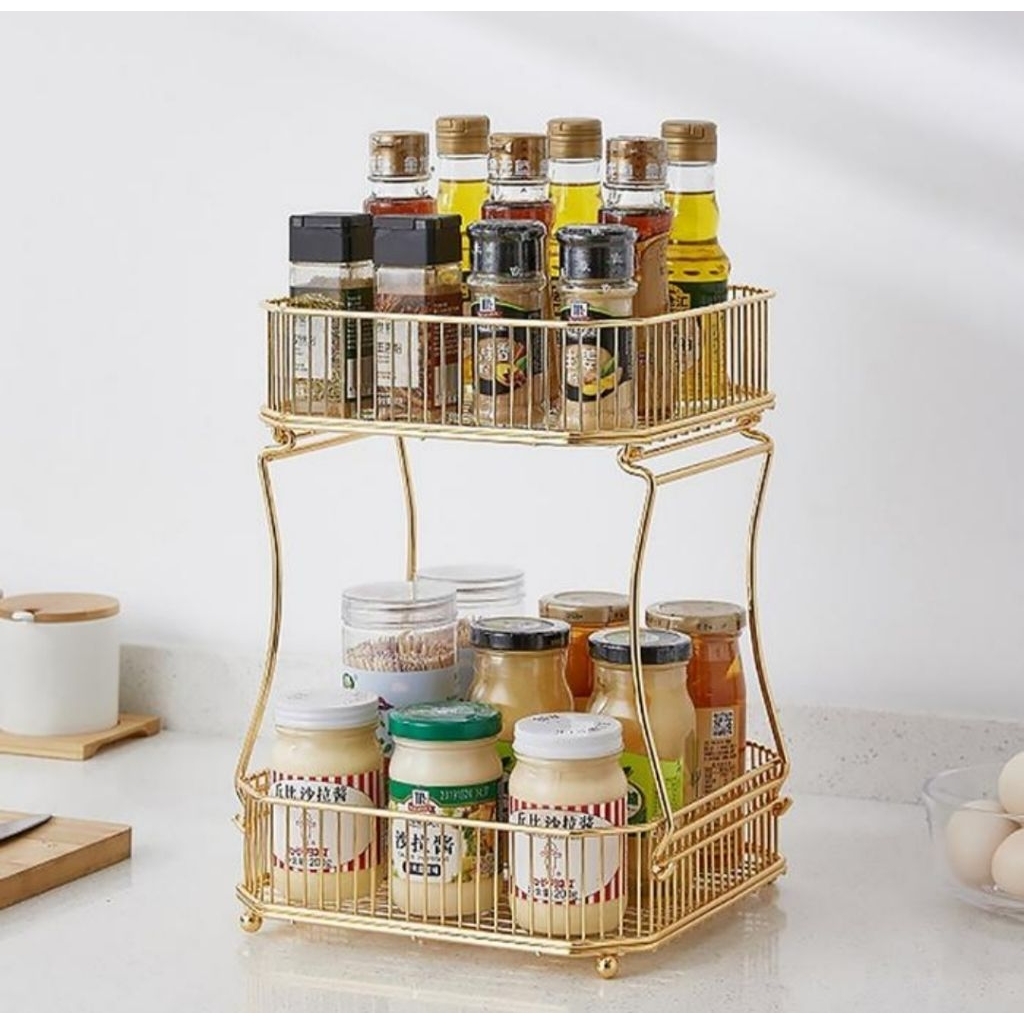 Rak buah keranjang / rak besi serbaguna / rak kekinian gold dan hitam tingkat dua serbaguna