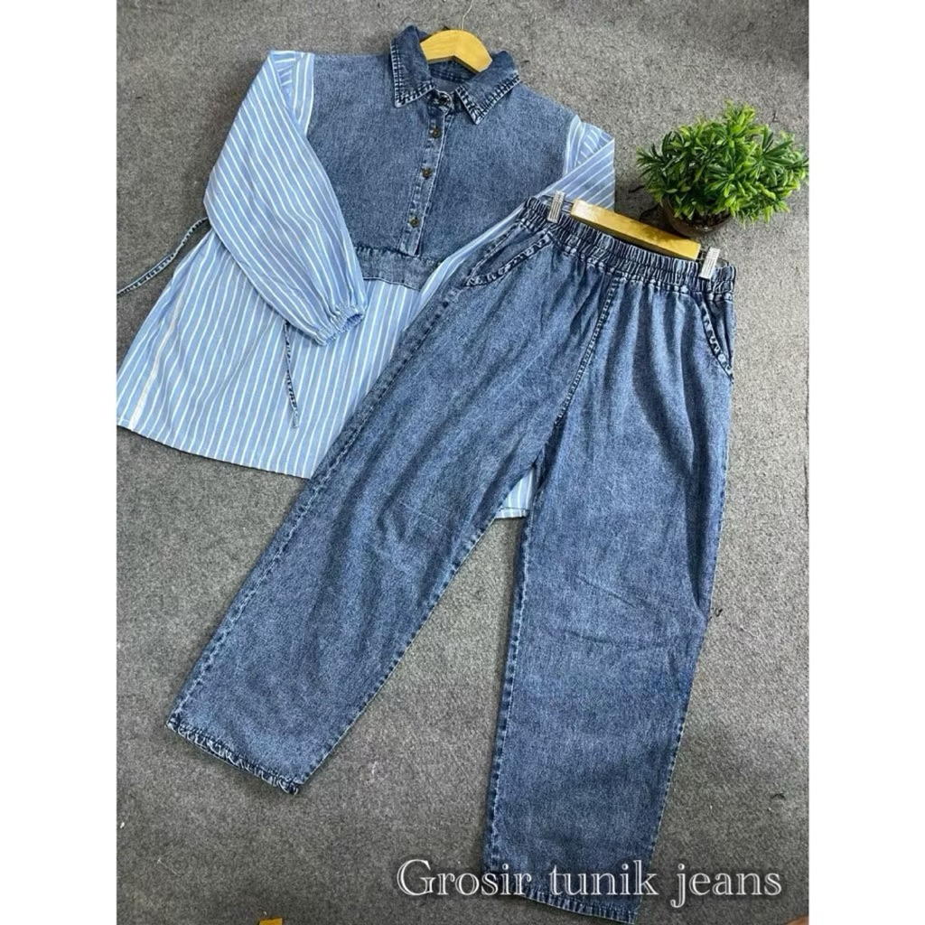 One Set Jeans Melisa Baju Setelan Celana Kulot Jeans Wanita Muslimah Kombinasi Motif Salur Kekinian 
