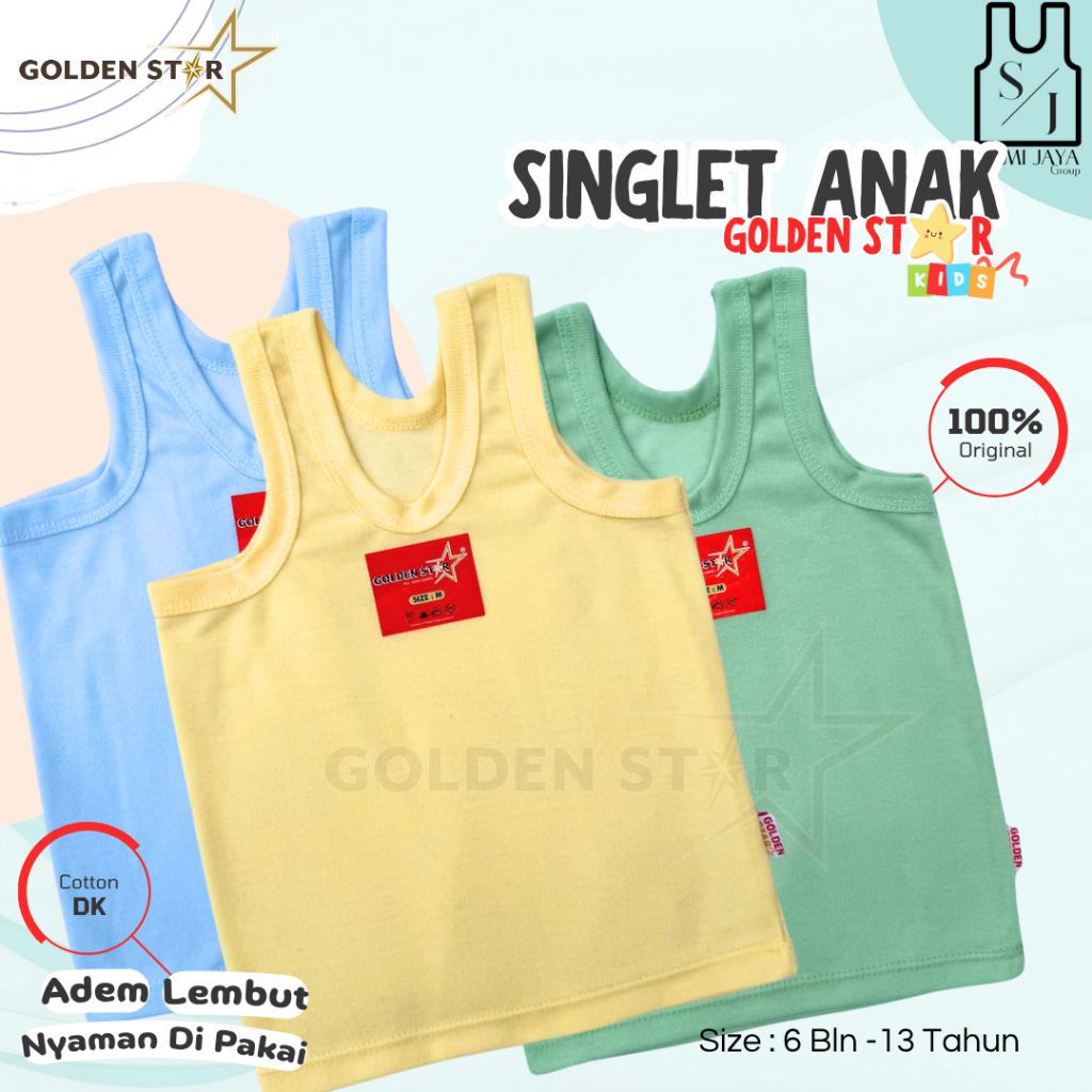 1 Lusin /6 PCS Singlet Kaos Dalam Anak umur 0 - Anak ABG Golden Star Putih - Singlet Kaos dalam SD S