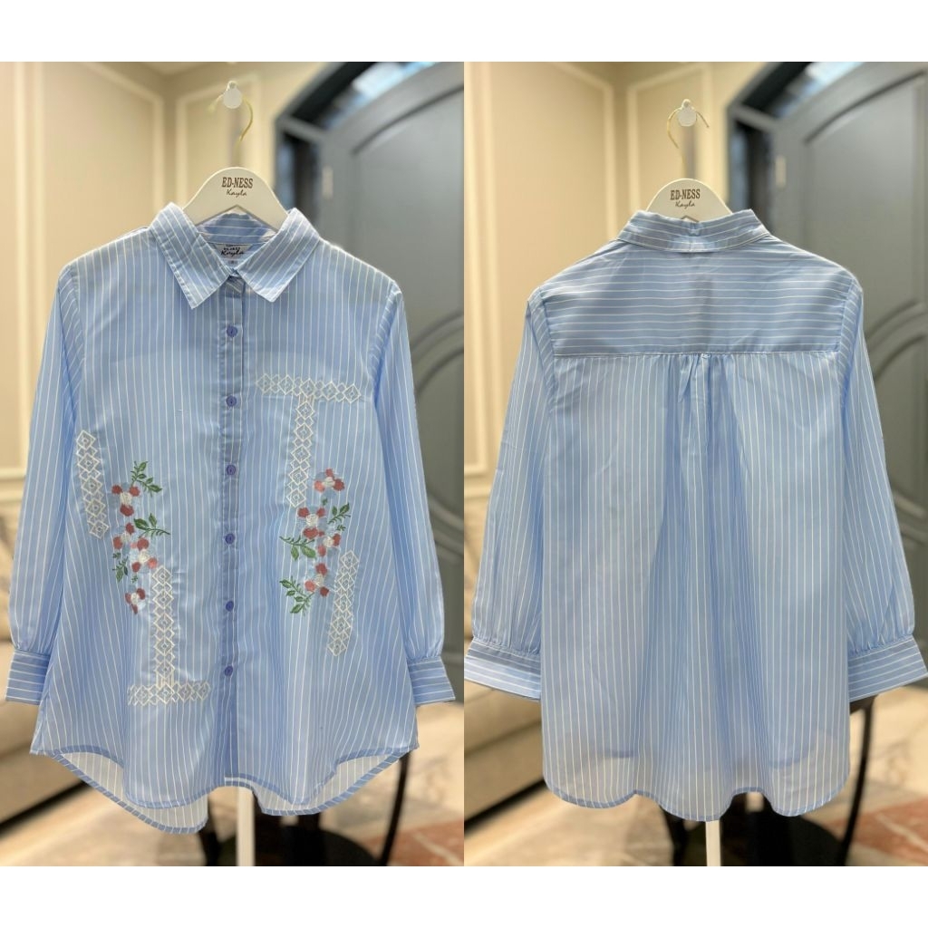 Kemeja katun jepang salur mix bordir ori by Edness kayla