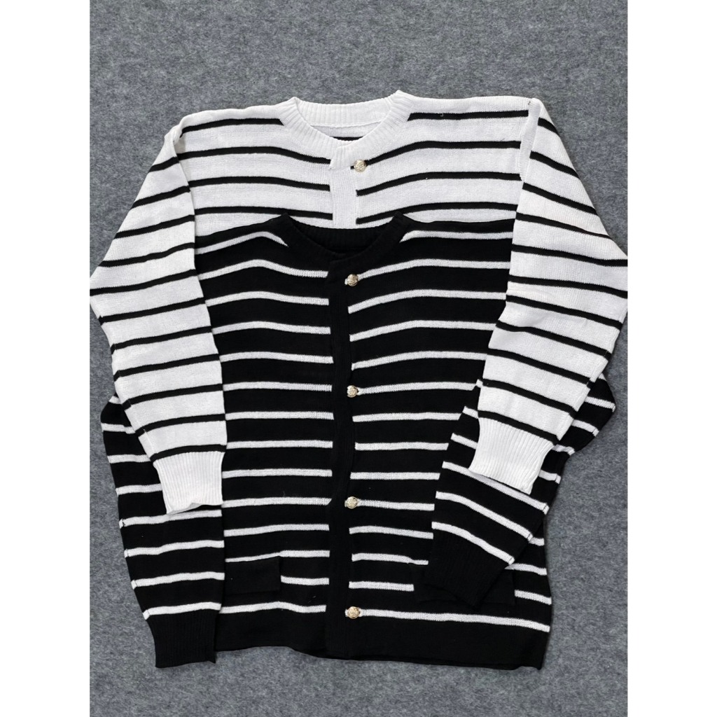 Stripe Knit Cardigan Korean Top Outer Wanita Lengan Panjang Motif Salur Bahan Knit