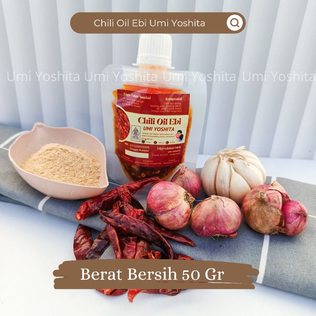 

Chili Oil Ebi Bawang Premium Umi Yoshita 50 Gr Halal Minyak Cabai Sambal Pedas Nampol