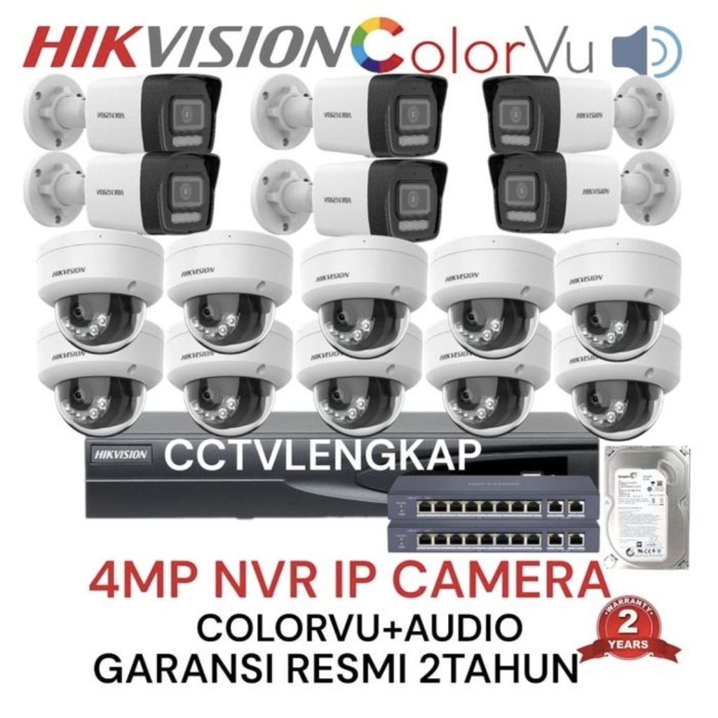 PAKET CCTV IP CAMERA HIKVISION 16 CHANNEL 16 CAMERA 4MP AUDIO COLORVU