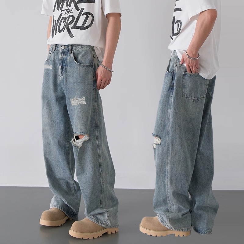 OVERSIZE VINTAGE Celana Jeans Pria Gombrong Sobek Casual Standar Blue Jeans Original Denim Kekinian 