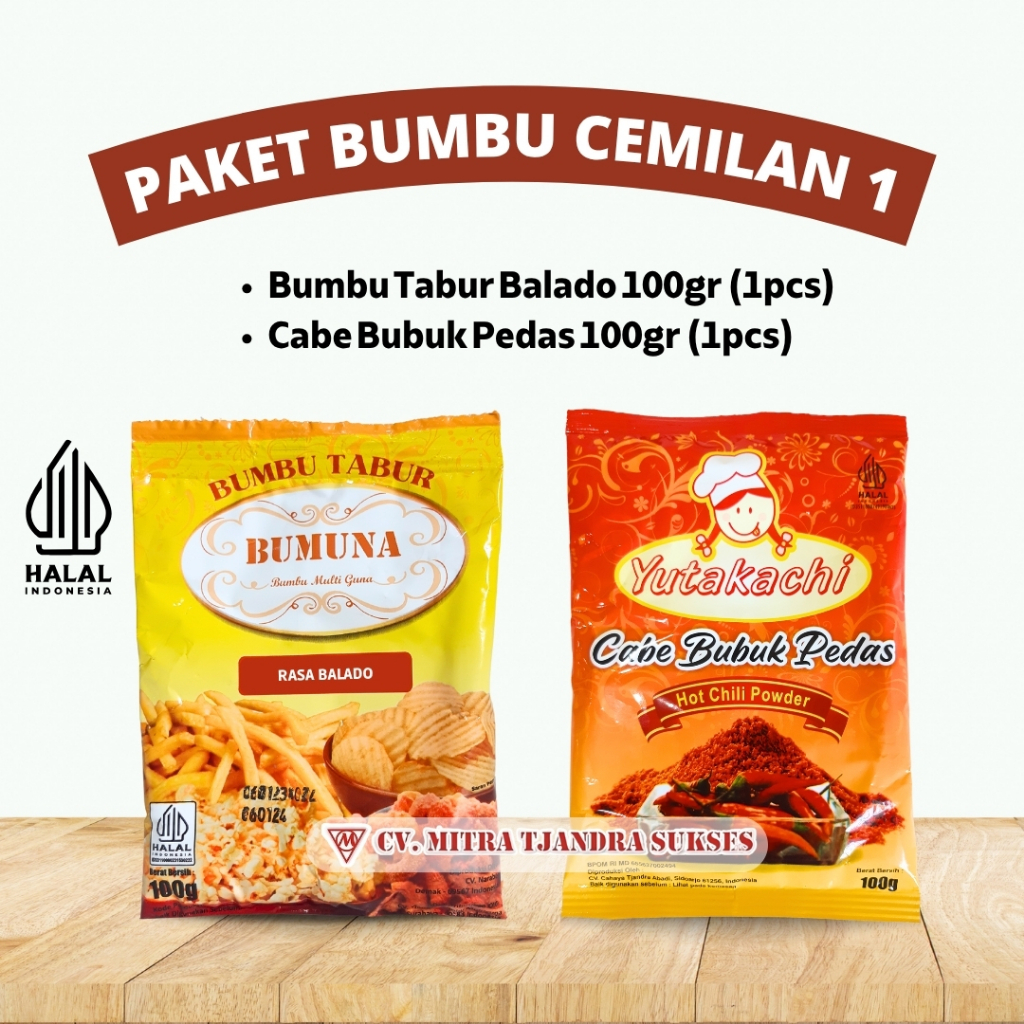 

PAKET HEMAT BUMBU CEMILAN 1 (Bumbu Tabur Rasa Balado 100 Gr + Cabe Bubuk Pedas 100 Gr)