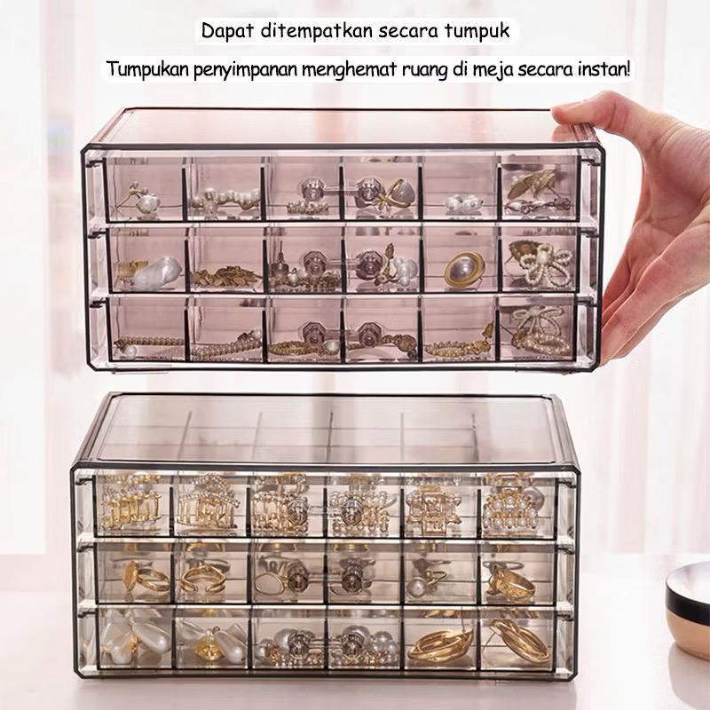 Rak Laci Mini 72 Sekat 3 Tingkat Transparan Kotak Perhiasan Cincin Kalung Anting Serbaguna / Jewelry