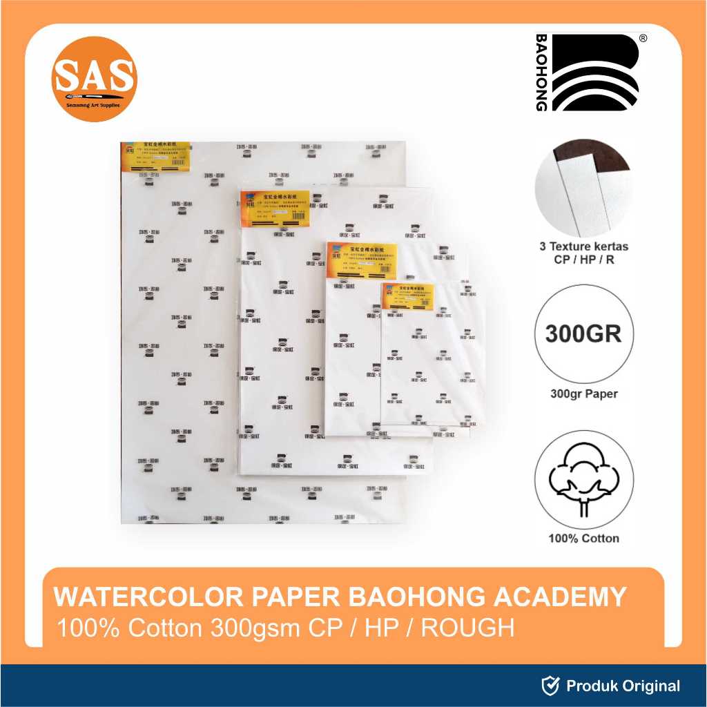 

Baohong - Watercolor Paper Sheet Academy 300gsm 100% cotton HP/CP/R - Kertas Cat Air Lembaran - SAS