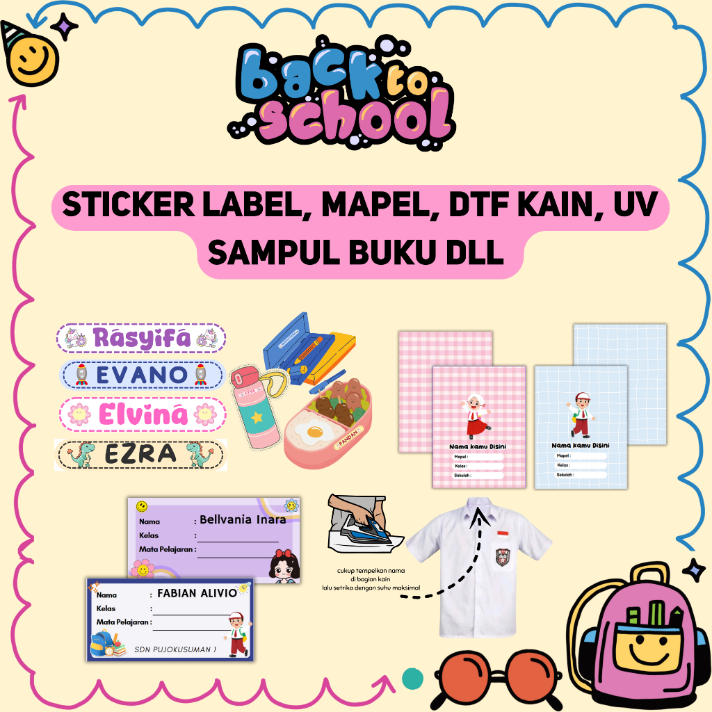 

STICKER Label Nama - Mapel - Botol Minum Bekal Sekolah - Kain Seragam DTF - Sampul Buku Custom