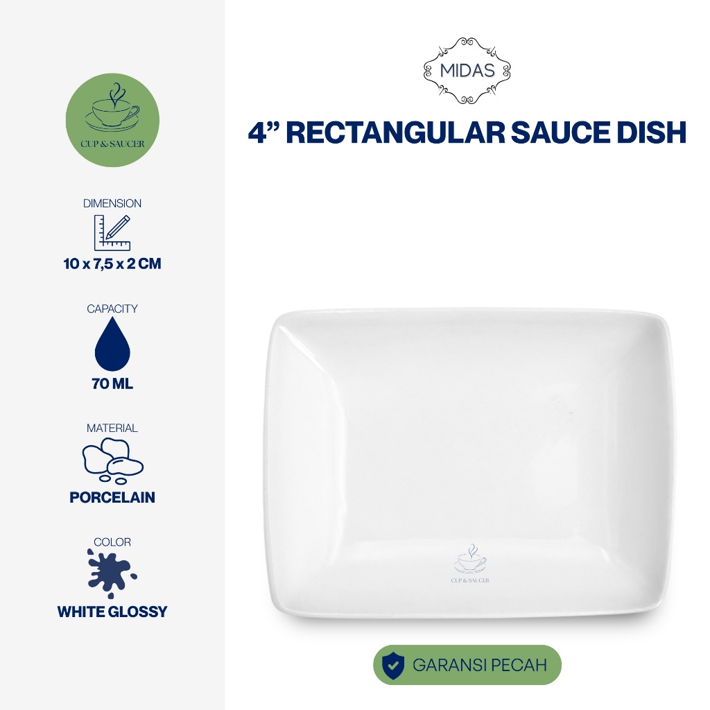Midas Piring Saus Bentuk Kotak Porselen 10 x 7,5 x 2 cm Putih Polos Kilap Minimalis Porcelain Rectan