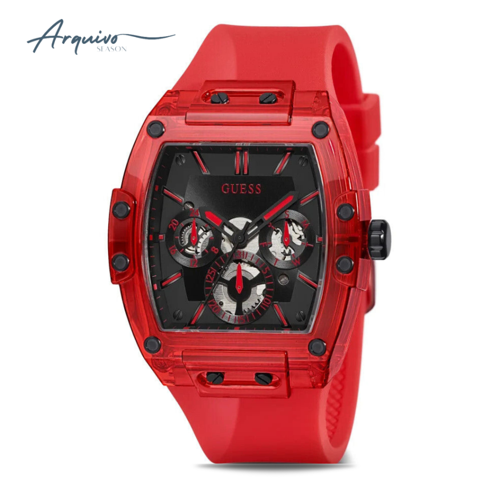 Jam Tangan Guess Pria Phoenix Chronograph Red Rubber Black Dial Sporty Casual Original GW0203G5